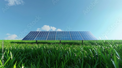 Solar Panels in Field of Grass Under the Blue Sky