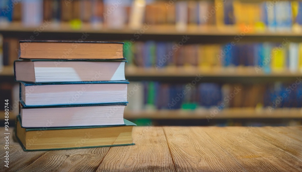 stack of books against the background of library, stack of books in front of library, books on wooden table stack of books against the background of library, stack of books in front of library, books on wooden table