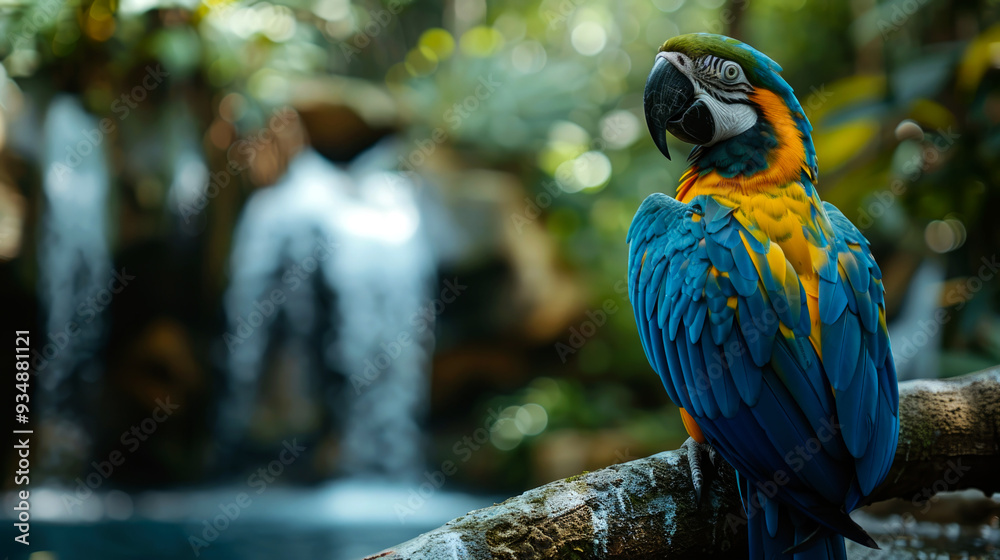Fototapeta premium Blue and Yellow Macaw Perched on Branch with Waterfall in Background