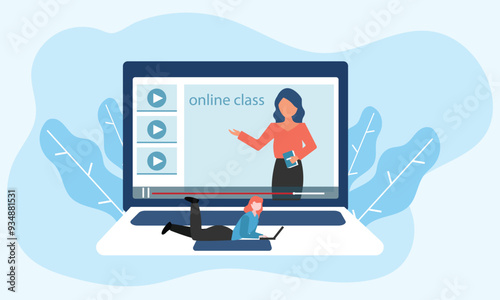 Students e-learning by listening to lecturer on laptop. Webinar, online video training, online classes concept with character. Remote teaching, conference technology. modern flat vector illustration. 
