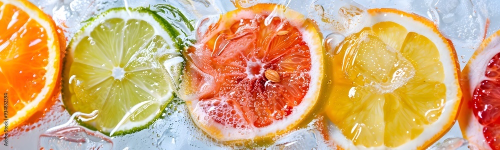 Fruit Slices In Saline Bag Dipped In Water Against Background. Fruit Slices In Saline Bag Dipped In Water Against Background.
