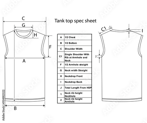 Men tank top measurement chart for CAD. Tank top back & front details measurement.	
