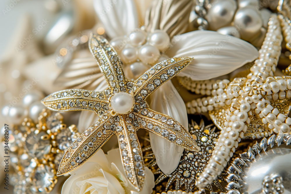 Beachy bliss brooch bouquet, collection of starfish and floral jewelry designs with pearls Beachy bliss brooch bouquet, collection of starfish and floral jewelry designs with pearls