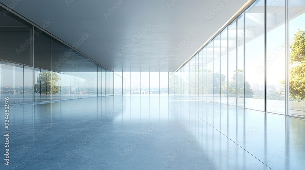Modern Office Interior: A spacious, minimalist office hallway with floor-to-ceiling windows that showcase a breathtaking cityscape, creating a bright and airy ambiance. Modern Office Interior: A spacious, minimalist office hallway with floor-to-ceiling windows that showcase a breathtaking cityscape, creating a bright and airy ambiance.