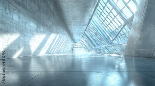 Modern Concrete Corridor: A futuristic and minimalist perspective of a sleek concrete corridor with geometric glass windows, bathed in natural light. 