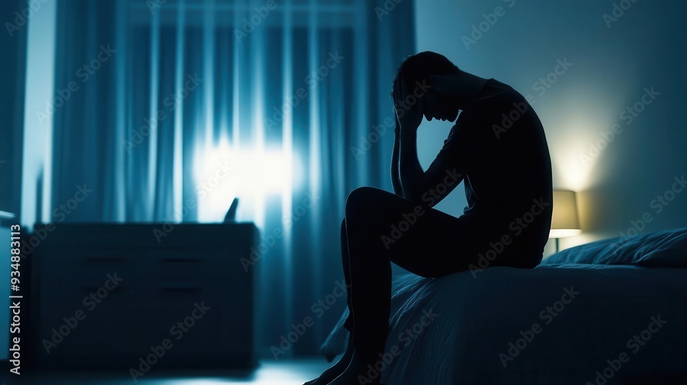 A solitary figure sitting on the edge of a bed in a dimly lit room, head in hands, overwhelmed by sadness, Cinematic, Cool tones, Deep shadows A solitary figure sitting on the edge of a bed in a dimly lit room, head in hands, overwhelmed by sadness, Cinematic, Cool tones, Deep shadows