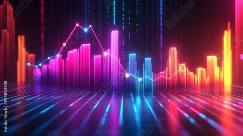 Ascending 3D business growth chart with data visualization featuring a sleek minimalist infographic design futuristic abstract geometric shapes and a luminous neon color palette