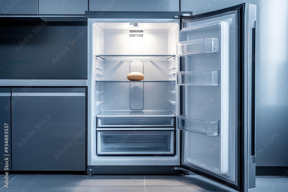 A bare refrigerator with a single item inside, symbolizing the impact of having no money on basic survival needs