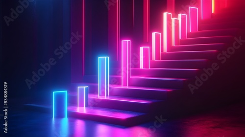 Ascending 3D business growth chart with sleek minimalist data visualization futuristic abstract geometric shapes luminous neon color palette and cinematic Bauhaus inspired lighting