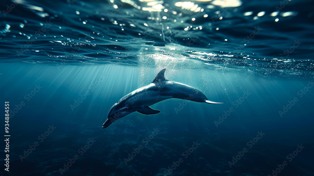 Fototapeta premium Dolphin swimming through a beam of sunlight in the ocean