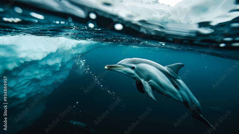 Fototapeta premium Dolphin Swimming Beneath a Glacial Ice Shelf