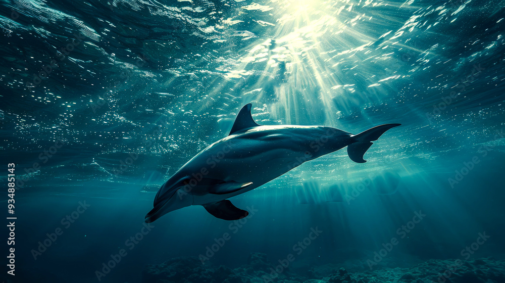 Obraz premium A Dolphin Swimming Through Sunbeams in the Ocean
