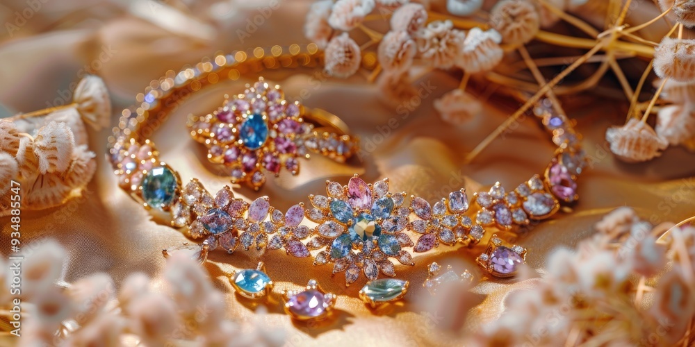 Fototapeta premium Refined jewelry collection featuring gemstones displayed on a female model