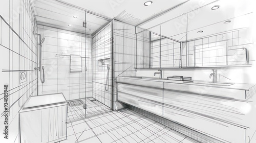 Hand Drawn Sketch of a Bathroom Design.