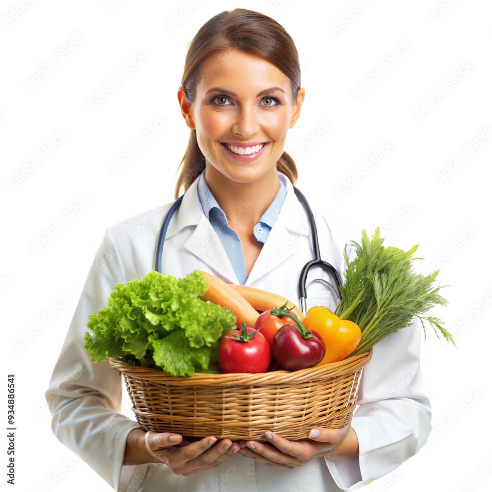 female nutritionist in a white medical coat with a basket of vegetables female nutritionist in a white medical coat with a basket of vegetables