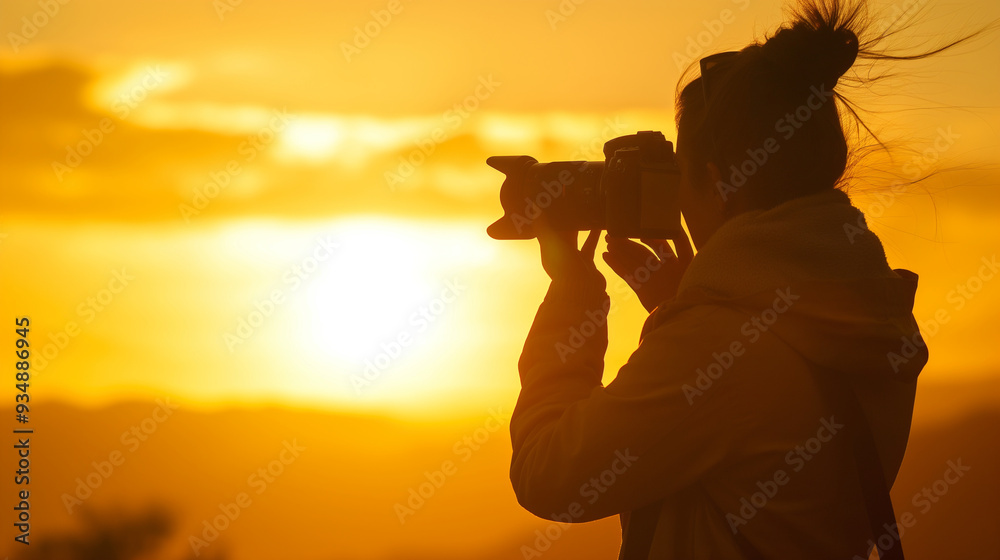 Golden Hour: A woman taking photos during the golden hour with the sun setting behind her, World Photography Day, with copy space Golden Hour: A woman taking photos during the golden hour with the sun setting behind her, World Photography Day, with copy space