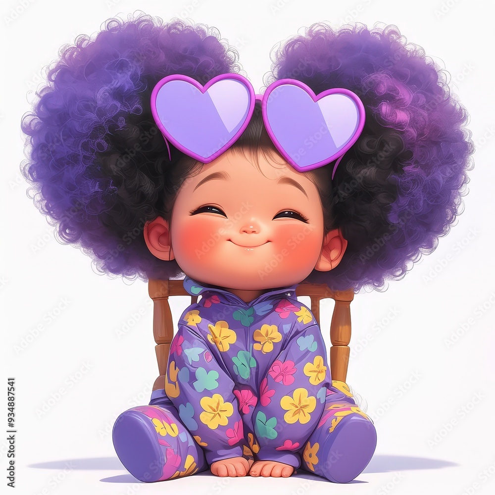 Fototapeta premium Cute cartoon baby girl with large purple afro puffs and heart sunglasses sitting on a chair, isolated on a white background.