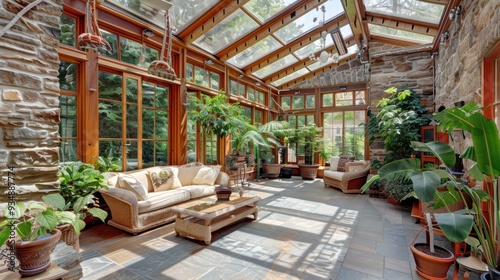 Sunlit Glass Room With Wicker Furniture.