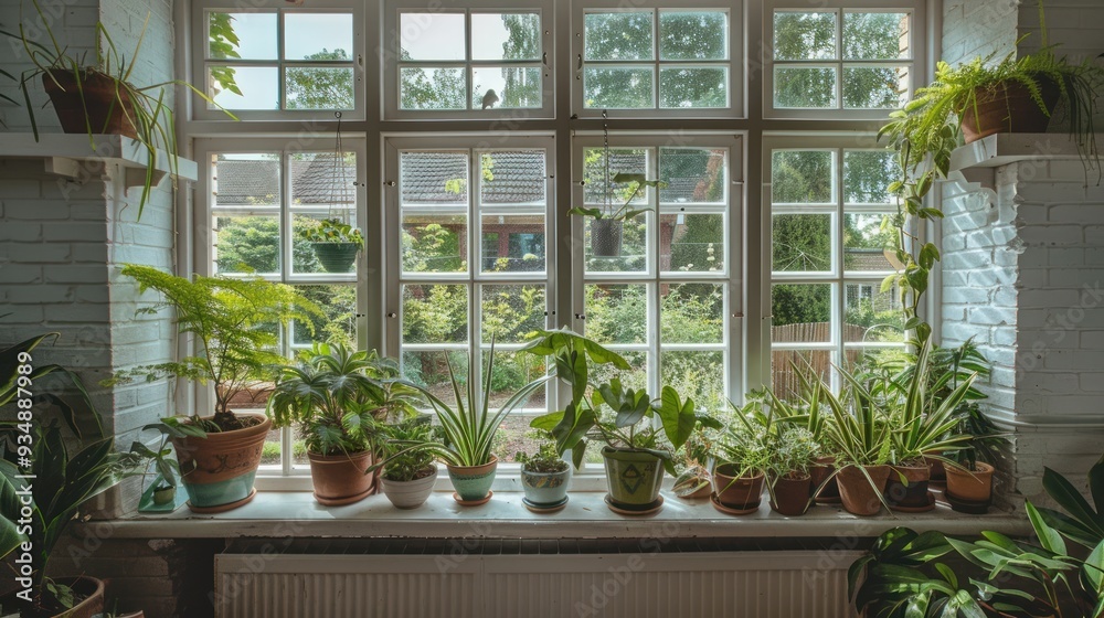 Fototapeta premium Potted Plants on Window Sill with View of Trees.
