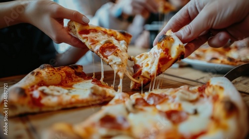 Eating pizza together with friends at a restaurant.