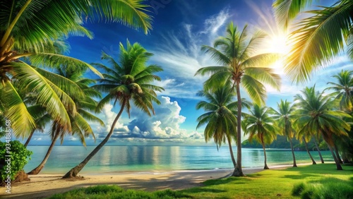 Tropical paradise with lush palm trees backdrop for summer vacation