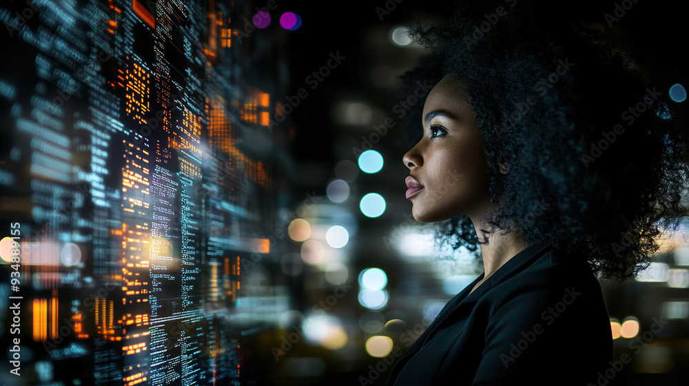 Futuristic Neon-Lit Double Exposure of an African American Woman with Curly Hair Working with Data and Code in a Cyberpunk Environment Futuristic Neon-Lit Double Exposure of an African American Woman with Curly Hair Working with Data and Code in a Cyberpunk Environment