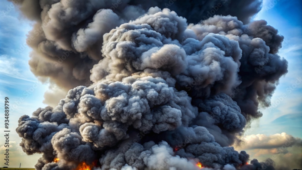 Thick black smoke cloud billowing into the sky Thick black smoke cloud billowing into the sky