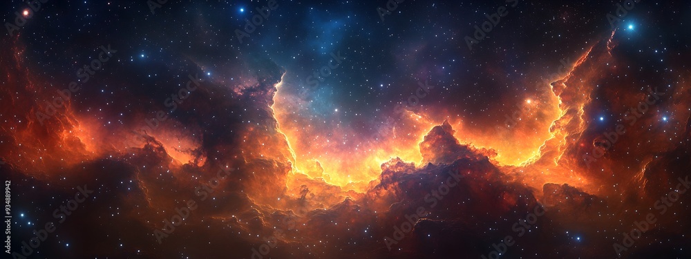 Breathtaking cosmic landscape with luminous stellar clusters,ethereal vibrant nebulae,and astronomical anomalies.