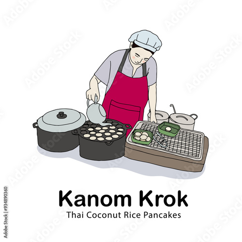 "Kanom Krok" or Thai coconut rice pancakes, local food in Thailand. Hand drawn style vector illustration.