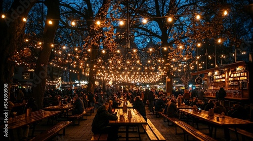 A bustling outdoor food market at night, lit by string lights, with people enjoying food and drinks at wooden tables.