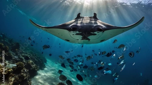 Animation of manta ray movements. Majestic manta rays gliding through the ocean. Realistic style. Enjoy the elegance of manta rays in motion. photo