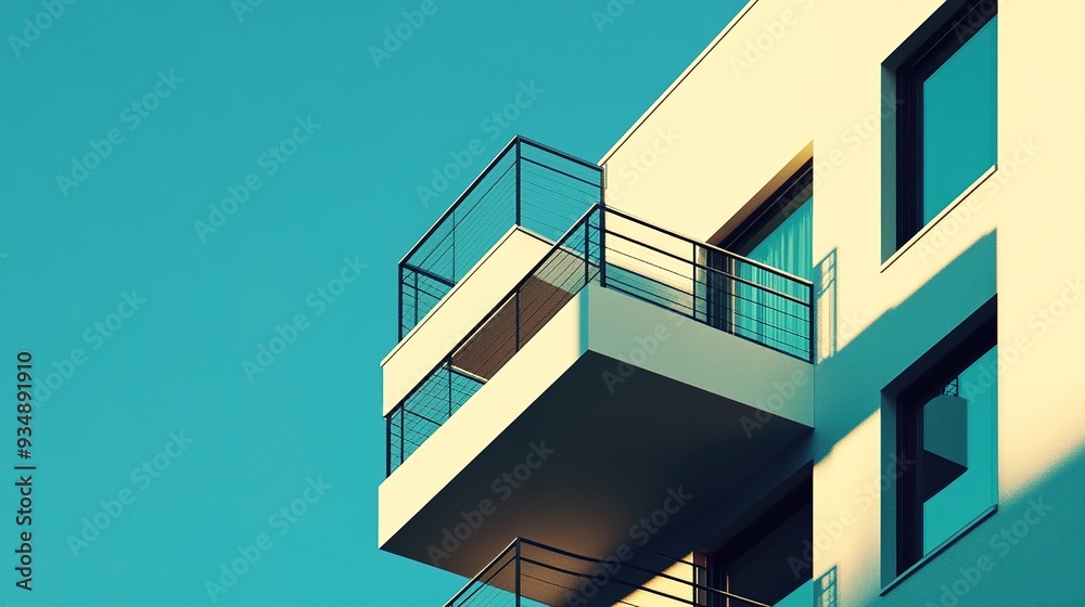 Obraz premium Modern Architecture Minimalism: A low-angle view of a contemporary apartment building with clean lines, balconies, and a vibrant blue sky.