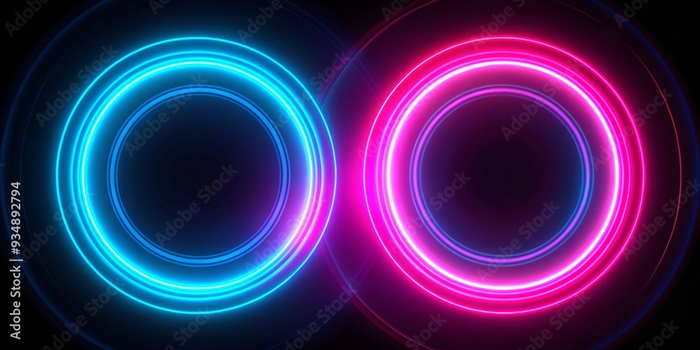 Abstract neon pink and blue glowing circular shapes on black background for video mapping or motion graphics Abstract neon pink and blue glowing circular shapes on black background for video mapping or motion graphics
