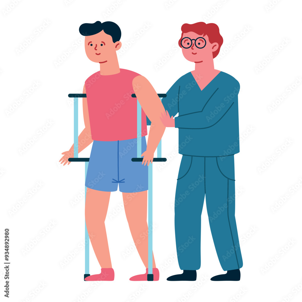 physiotherapist helps sick man on crutches physiotherapist helps sick man on crutches