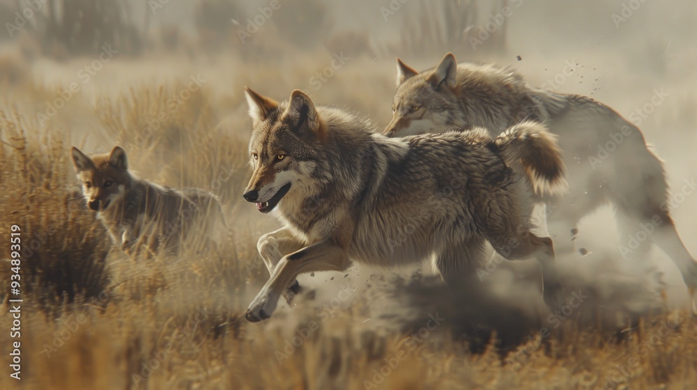 Fototapeta premium Wolves running through a field of tall grass.