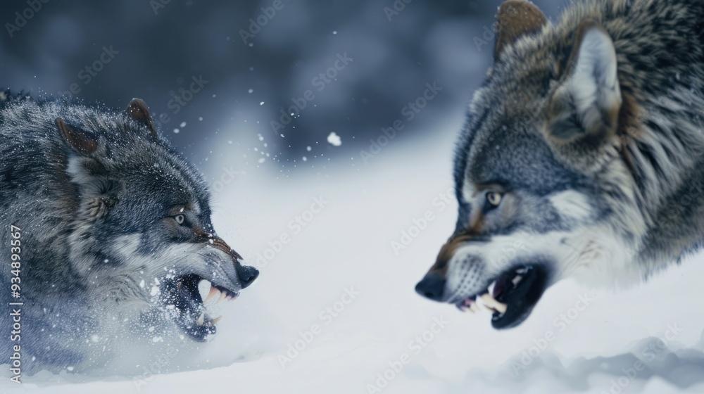 Two Wolves Facing Each Other in the Snow. Two Wolves Facing Each Other in the Snow.