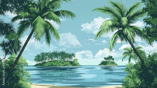 Tropical island landscape illustration with palm trees framing a calm blue ocean under a cloudy sky.