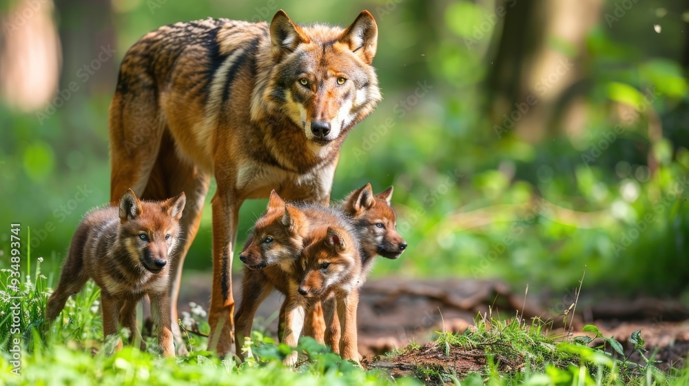 Fototapeta premium A wolf mother watches over her three adorable pups in a lush green forest.