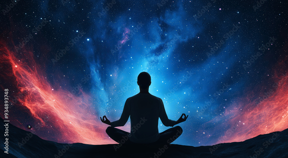 A serene silhouette meditating amidst a vibrant cosmic background, symbolizing peace and mindfulness in a vast universe. A serene silhouette meditating amidst a vibrant cosmic background, symbolizing peace and mindfulness in a vast universe.