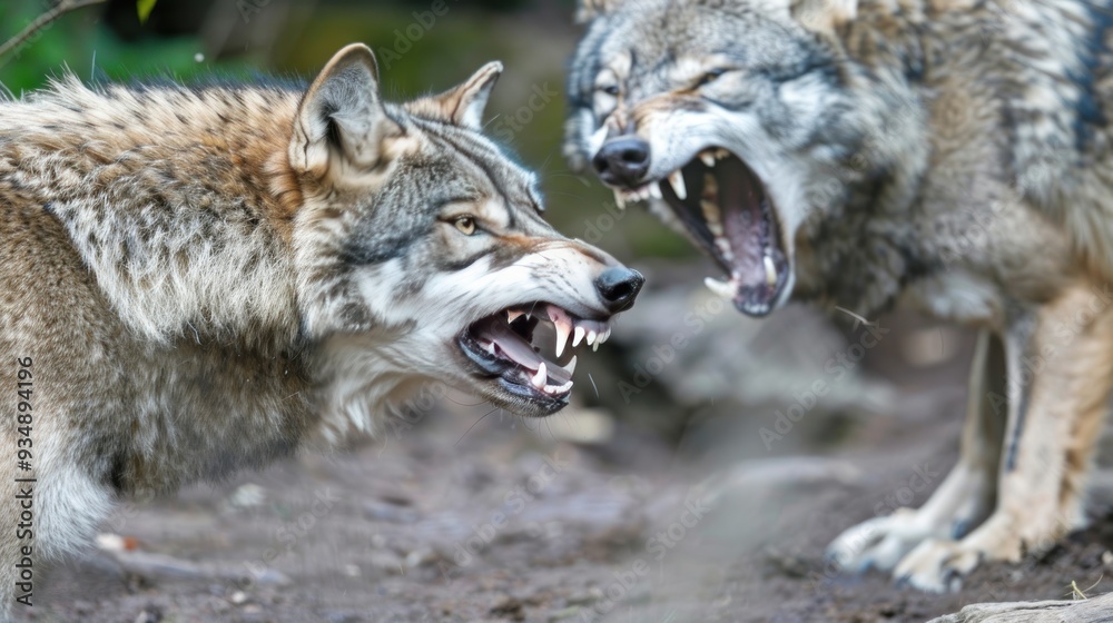 custom made wallpaper toronto digitalTwo wolves snarling at each other in the forest.