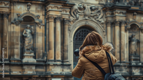 Architectural Photography: A woman capturing the intricate details of historic buildings, World Photography Day, with copy space