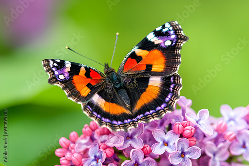 Red Admiral Butterfly on Purple Lilac Flowers in Springtime
