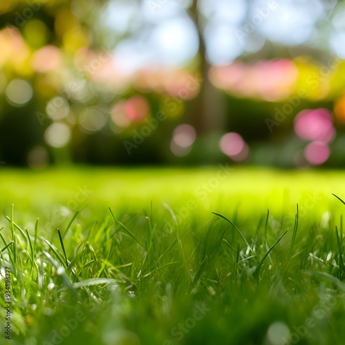 A fresh spring sunny garden background of green grass and blurred foliage bokeh.