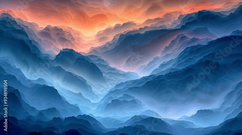 Layered Abstract Mountain Landscape in Blue and Orange Hues..