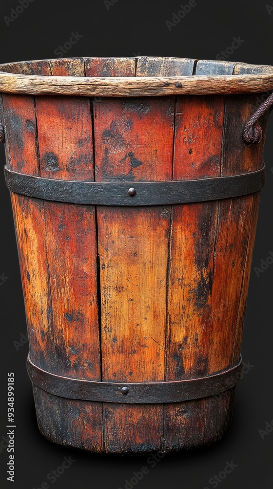 Old wooden bucket standing on black background Old wooden bucket standing on black background