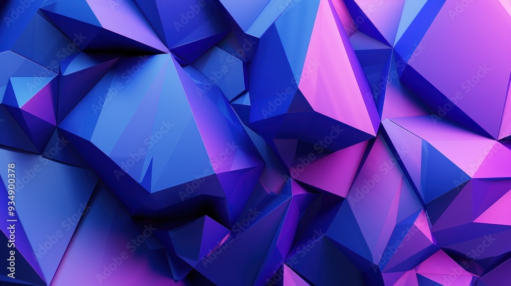 Purple and blue geometric low poly shapes on dark black background. High detail 3D rendering for design. Purple and blue geometric low poly shapes on dark black background. High detail 3D rendering for design.