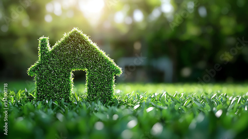 A green house made of grass symbolizing eco-friendly living and sustainability in nature, illuminated by warm sunlight.