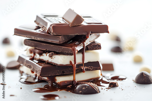 Broken chocolate blocks stack pile with sauce or sherbet isolated on white background