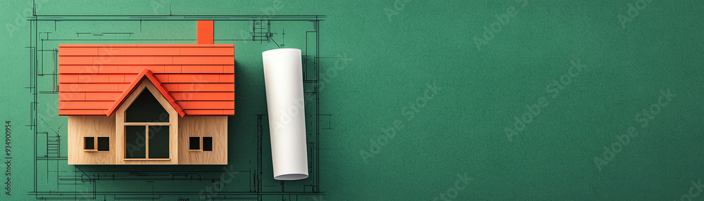 A miniature house model sits on a green blueprint background, symbolizing construction and architectural planning. A miniature house model sits on a green blueprint background, symbolizing construction and architectural planning.