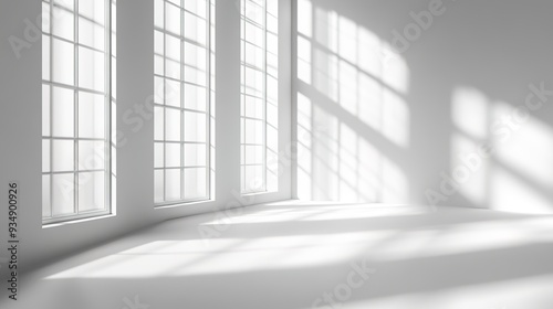 Sunlight Streaming Through Windows: A minimalist interior design concept with a bright white room and large windows, showcasing the interplay of natural light and shadows. 